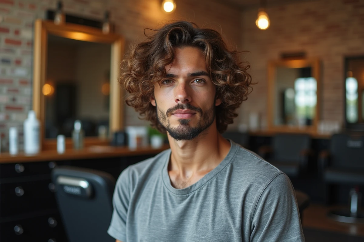 Homme en salon de coiffure avec une permanente wavy fraîchement réalisée, boucles naturelles et texture volumineuse