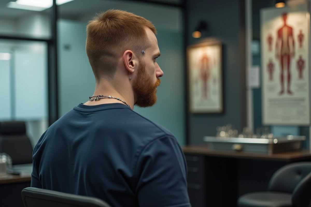 Homme de profil dans un studio de piercing montrant un piercing daith, industrial et lobes, bijoux en titane, ambiance documentaire réaliste