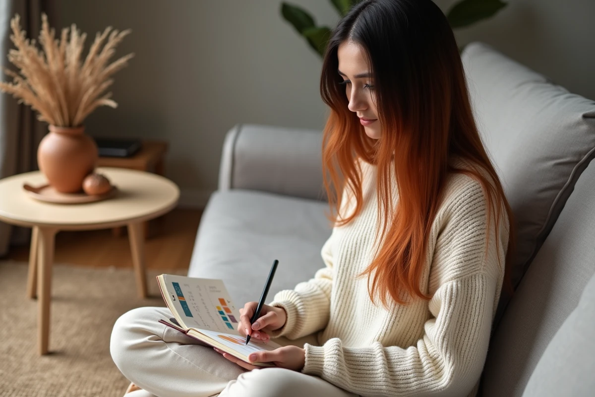 Femme planifiant sa transition capillaire au henné mois par mois avec un carnet de notes et des nuanciers de couleur