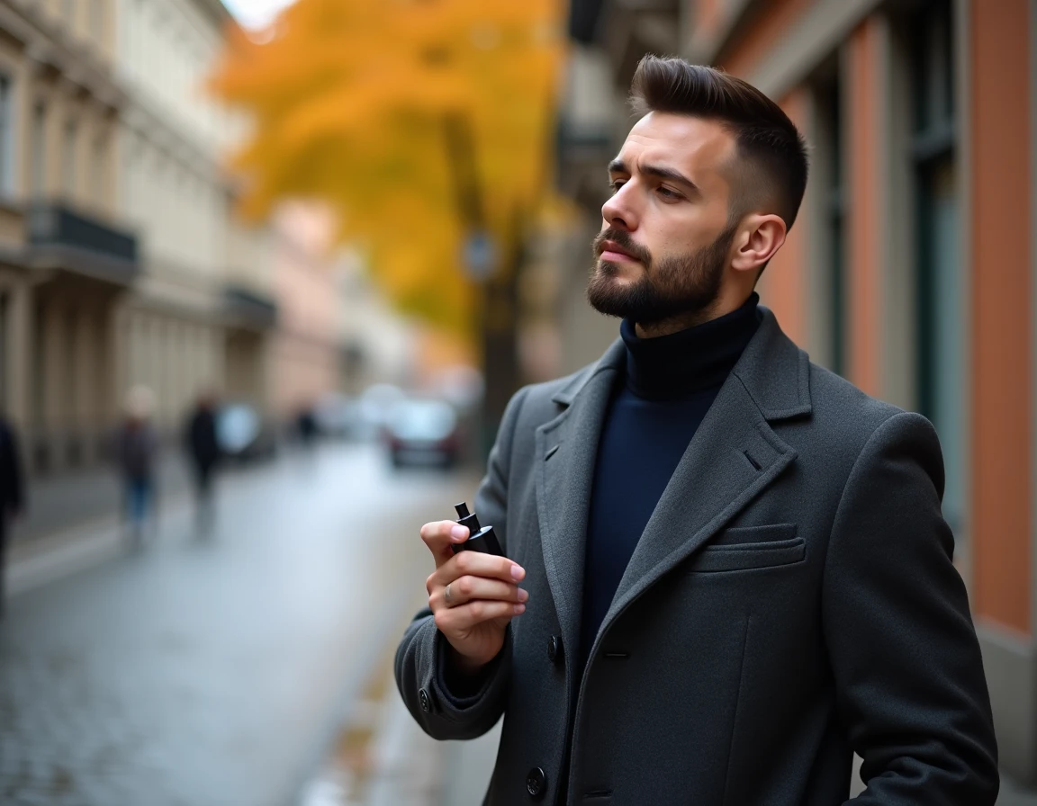 Homme appliquant le parfum Gissah en automne dans une rue pavée urbaine, vêtu d'un manteau en laine charbon avec feuillage doré en arrière-plan