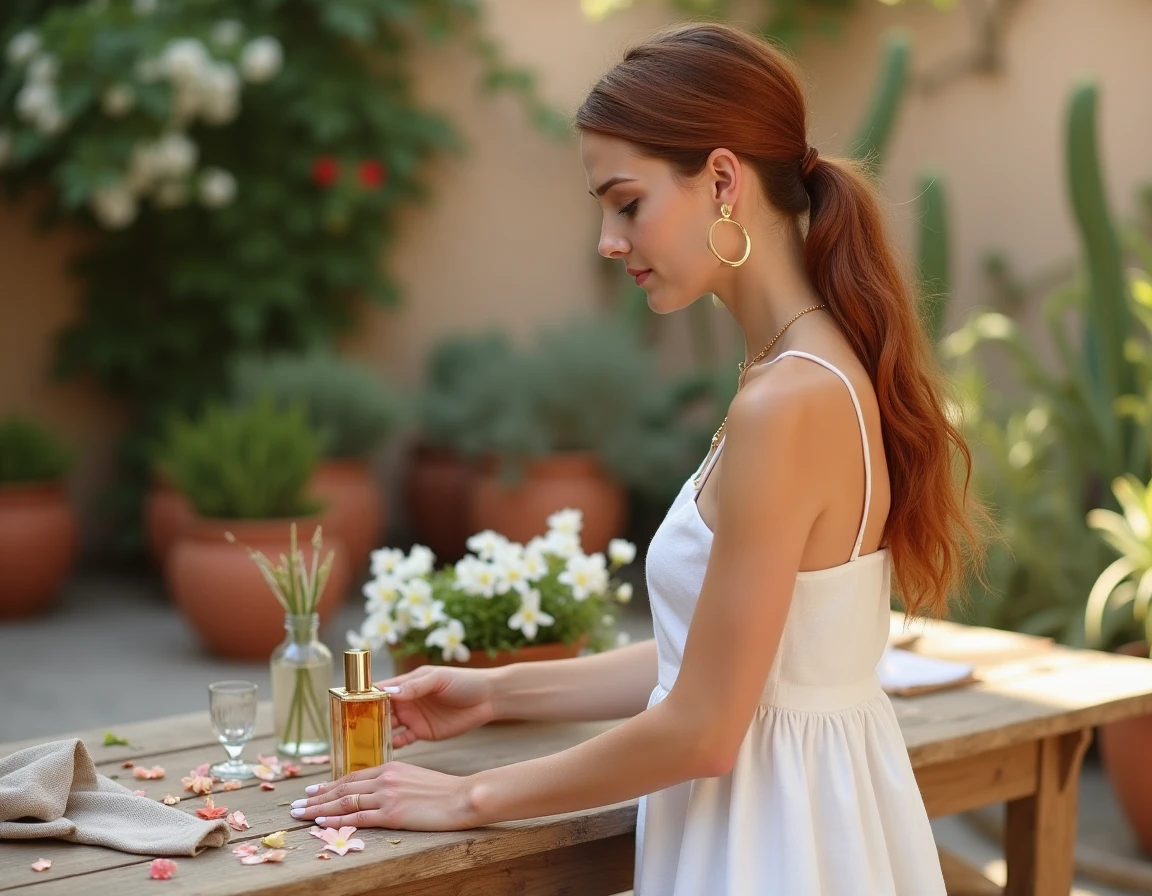 Femme rangeant son parfum Gissah sur une vanity en bois lors d'un été méditerranéen, terrasse ensoleillée avec fleurs et pierres apparentes