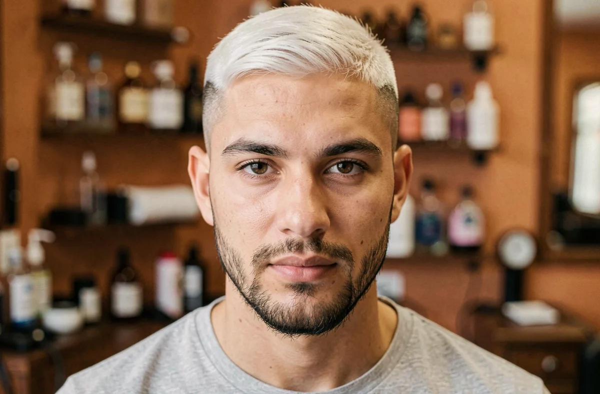 Portrait en gros plan d'un jeune homme avec un dégradé blanc parfait réalisé à la tondeuse, barbe soignée