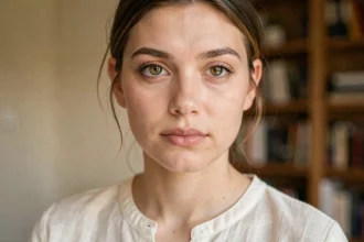 Portrait en gros plan d'une jeune femme aux yeux hazel aux teintes ambrées et vertes, regardant l'objectif avec une expression sereine