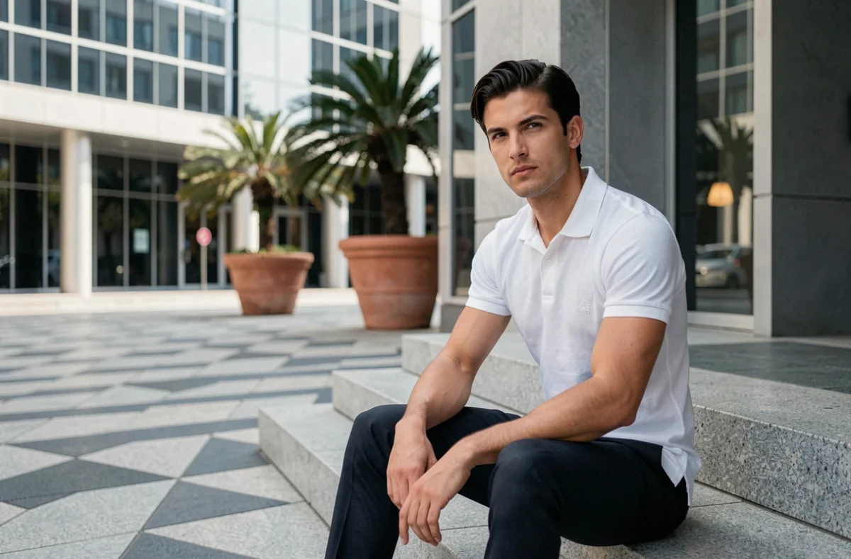 Portrait éditorial d'un jeune homme au style intemporel assis sur des marches d'architecture moderniste, évoquant l'idéal de beauté masculine des décennies passées