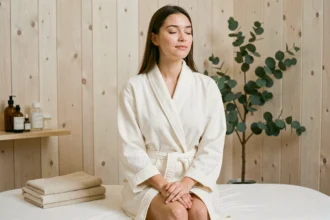 Jeune femme en robe de soin assise dans une cabine de spa minimaliste lors d'une première visite chez Les Petits Soins