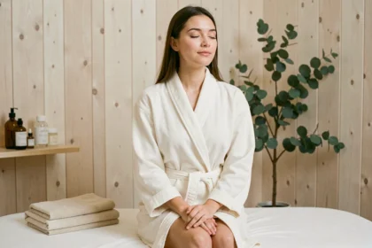 Jeune femme en robe de soin assise dans une cabine de spa minimaliste lors d'une première visite chez Les Petits Soins