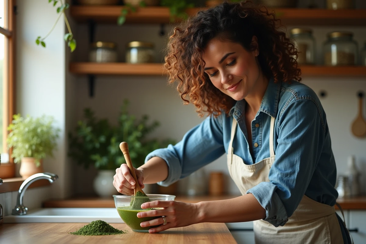 Femme préparant un mélange de henné naturel dans une cuisine, plan d'action mensuel pour coloration cheveux