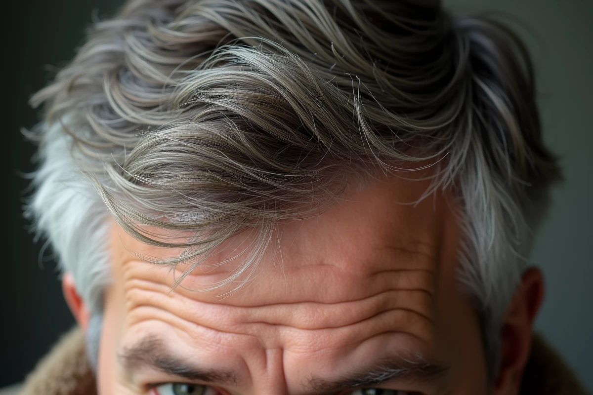 Gros plan sur cheveux d'homme montrant une transition naturelle entre racines grises et teinture châtain sans effet noir artificiel