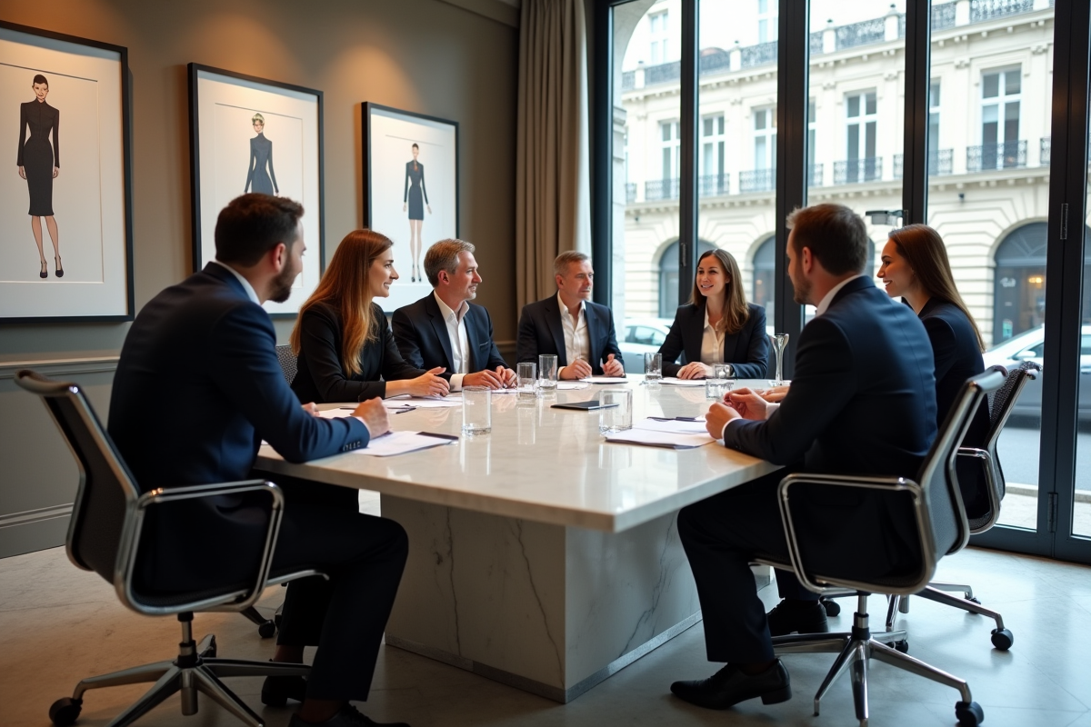 Groupe diversifié en discussion dans une salle de réunion élégante