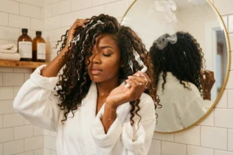 Jeune femme aux cheveux bouclés appliquant une crème coiffante dans sa salle de bain le matin