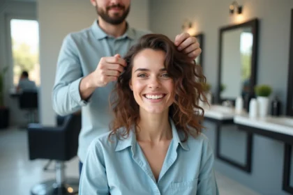 Femme souriante dans un salon de coiffure moderne