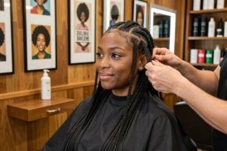 Femme noire se faisant coiffer des box braids knotless dans un salon de coiffure afro professionnel