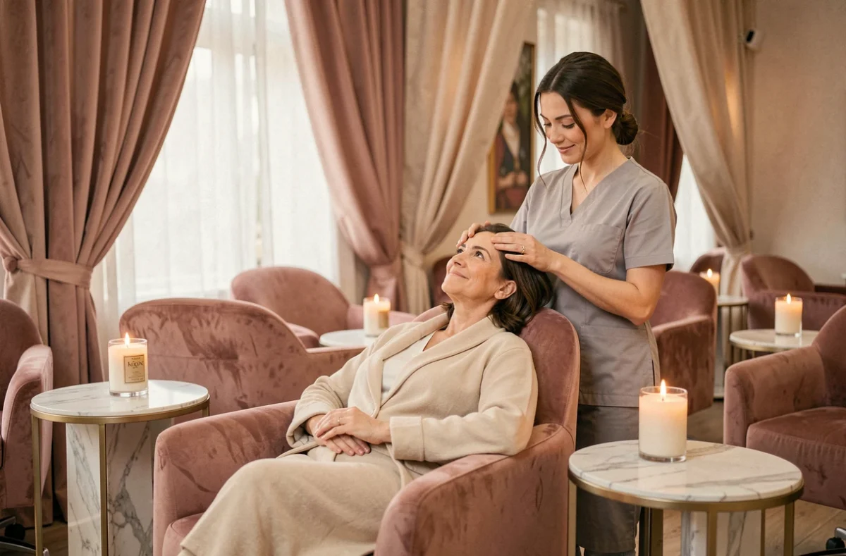 Cliente détendue profitant d'un massage du cuir chevelu dans l'ambiance cocooning chaleureuse du Salon Rêve à Marseille