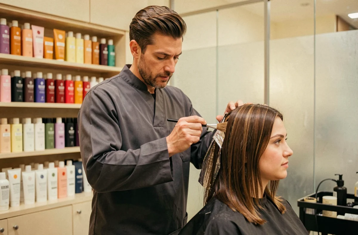 Coloriste expert appliquant une technique de coloration professionnelle sur une cliente au Salon William à Chamalières