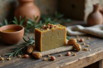 Savon d'Alep artisanal coupé en deux révélant son intérieur ambré, posé sur du bois brut avec des baies de laurier et de l'huile de laurier