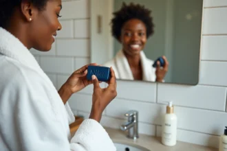 Femme appliquant un savon Nila bleu sur son visage au-dessus d'un lavabo en céramique dans une salle de bain moderne
