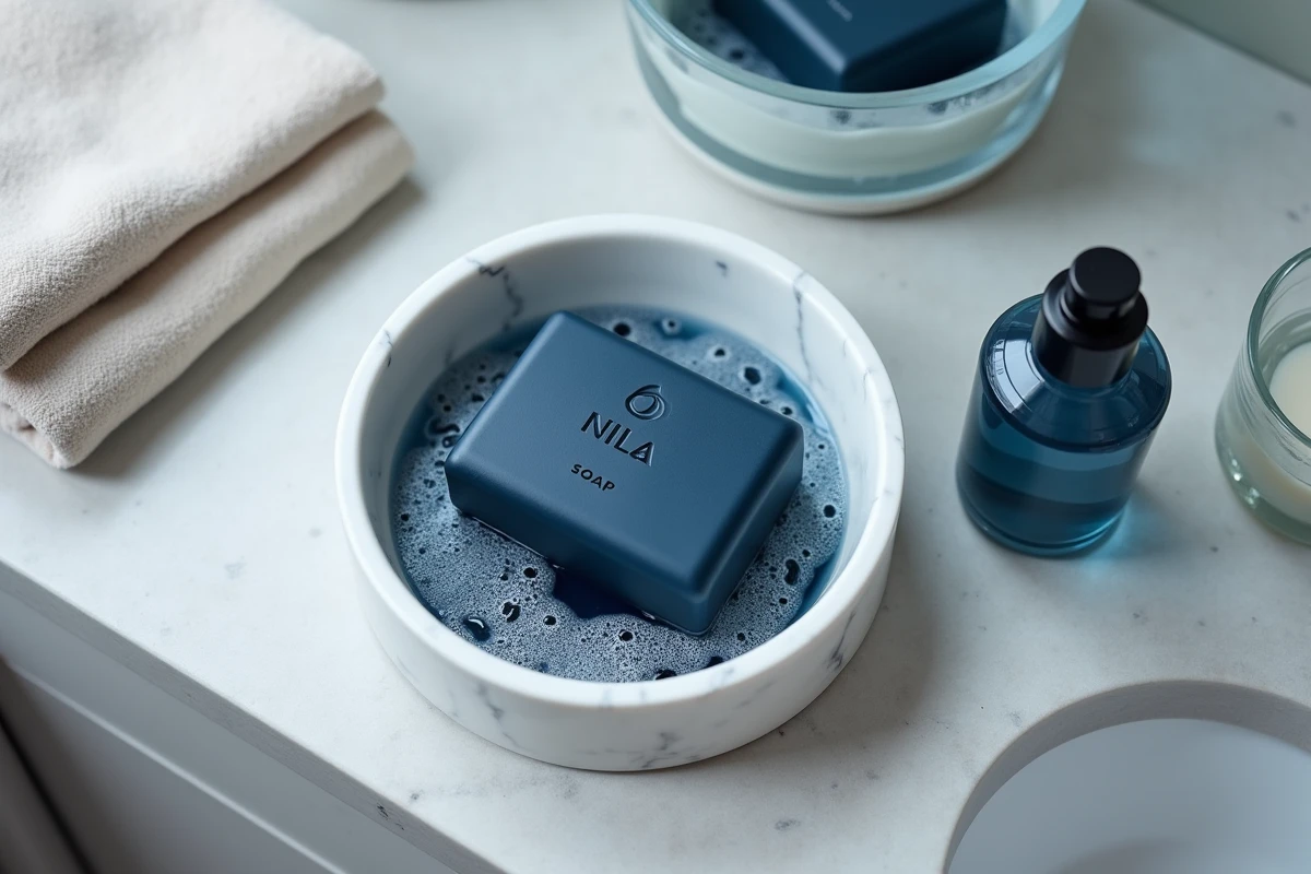 Savon Nila bleu posé sur un porte-savon en marbre avec de la mousse indigo et des accessoires de soin du visage