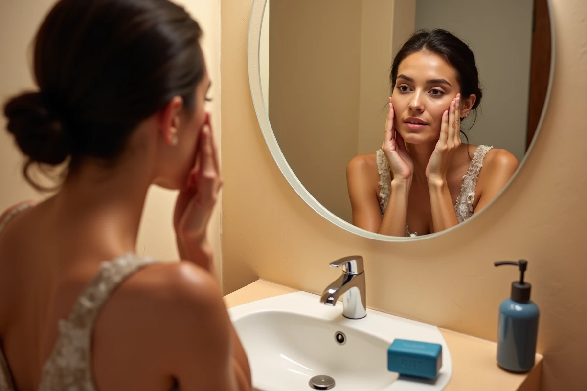 Femme examinant son visage dans un miroir après utilisation du savon Nila bleu dans une salle de bain au style méditerranéen