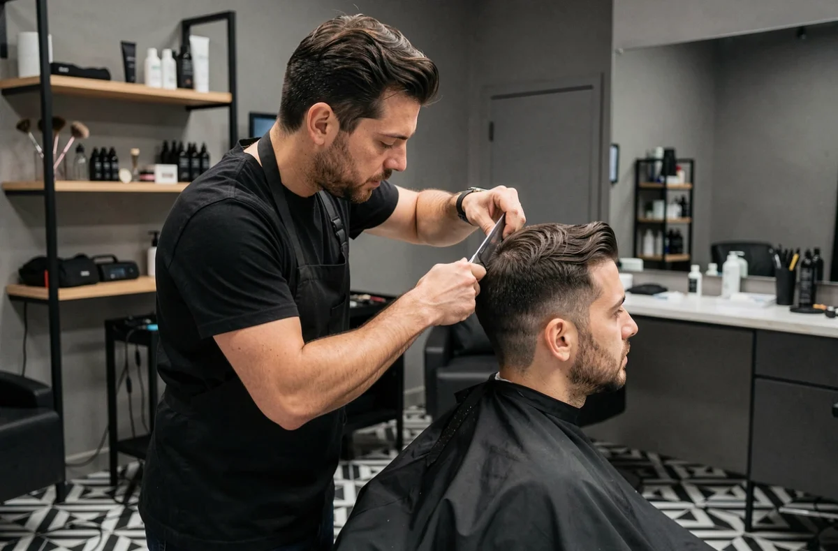 Coiffeur sculptant avec précision une coupe architecturale sur un client masculin dans le salon Sculpt à Marseille