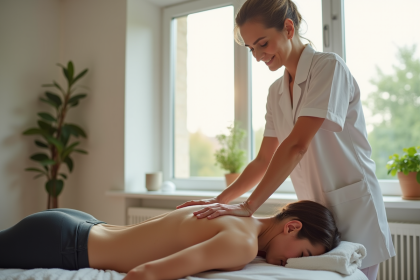 Praticien de massage donnant un massage relaxant dans un salon lumineux