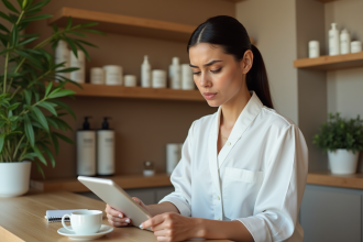 Femme en spa vérifiant un planning sur une tablette