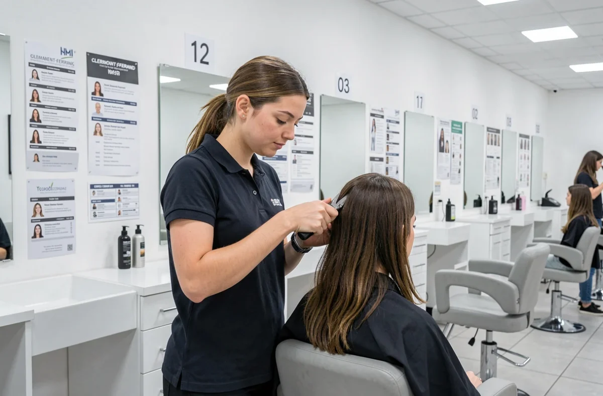 Coiffeuse réalisant une coupe rapide et accessible dans le salon Self'Coiff de Clermont-Ferrand