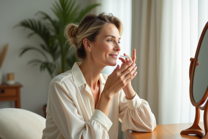 Femme d'âge moyen appliquant un soin visage dans un cadre naturel