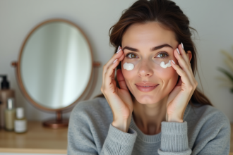 Femme appliquant soin sous les yeux visage naturel