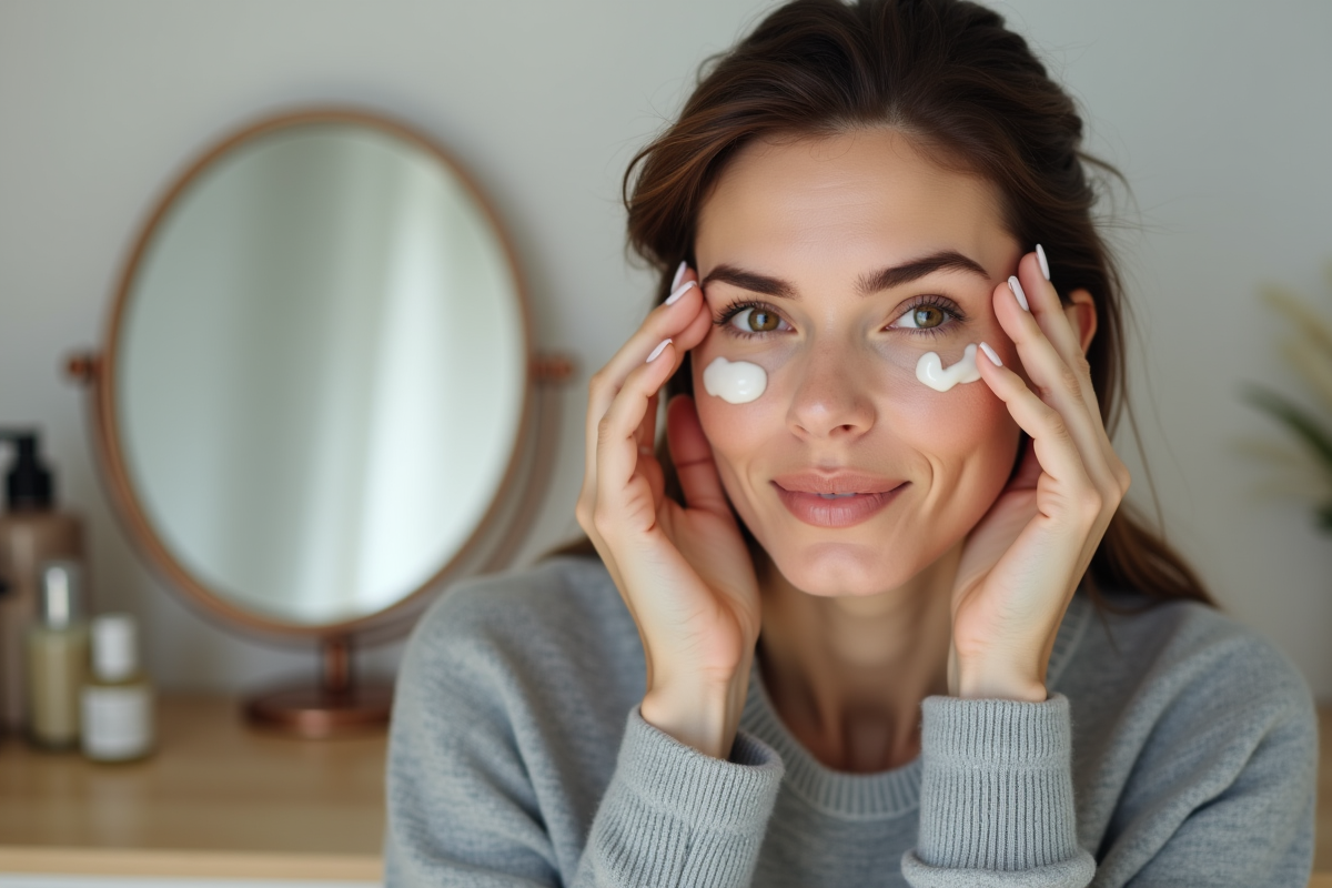 Femme appliquant soin sous les yeux visage naturel