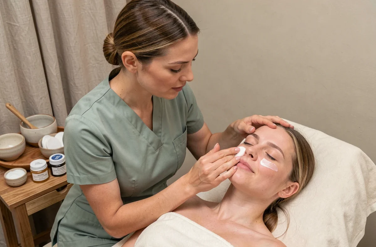 Esthéticienne appliquant un soin du visage sur une cliente allongée dans une cabine de spa Les Petits Soins