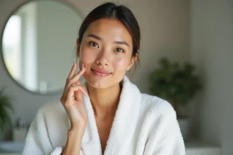 Femme appliquant un serum visage dans sa salle de bain