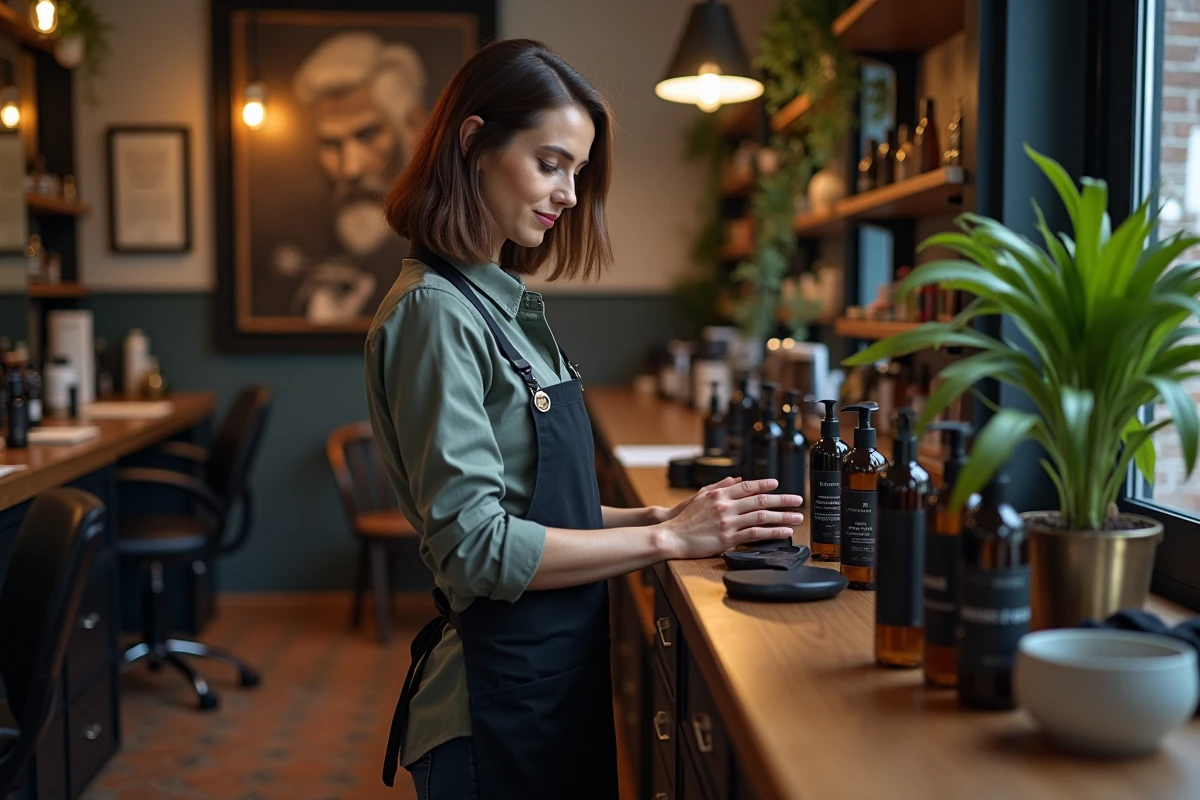 Femme arrangeant produits de soin pour barbe dans un salon de Lille