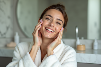 Femme en peignoir blanc se massant le visage