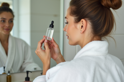 Femme appliquant un serum visage dans sa salle de bain