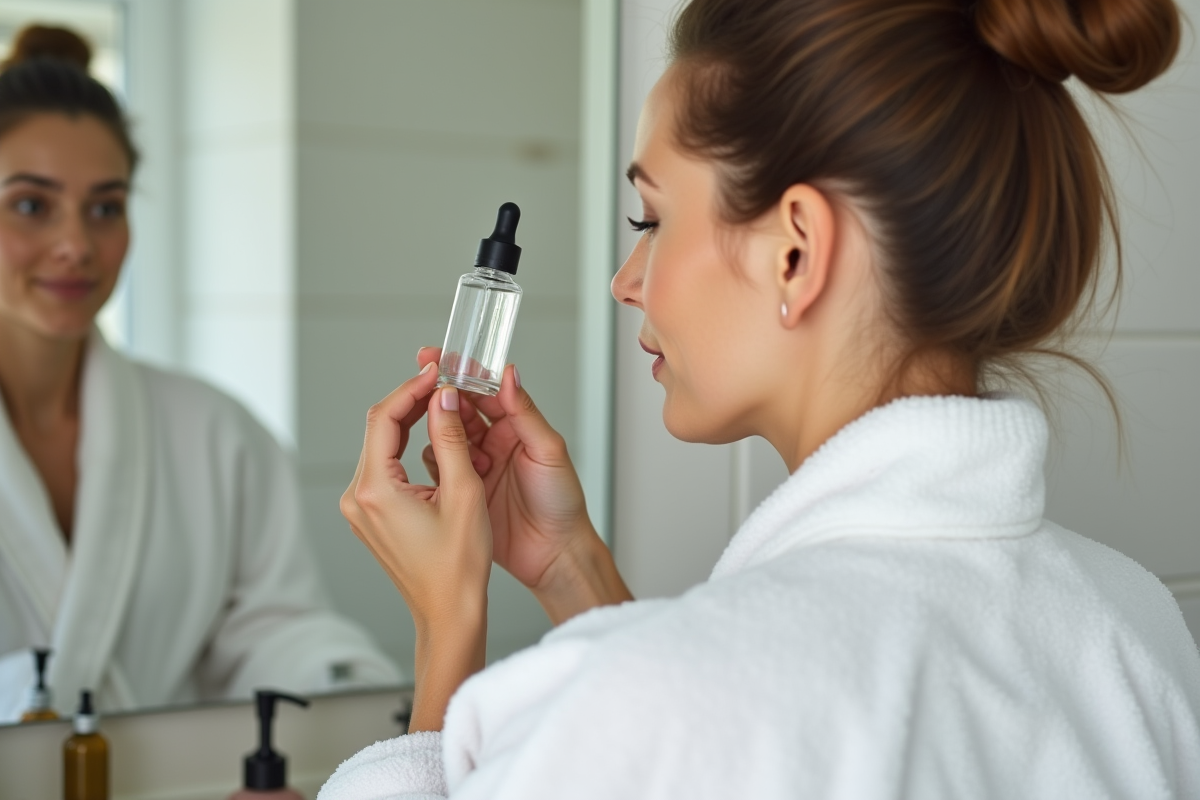 Femme appliquant un serum visage dans sa salle de bain