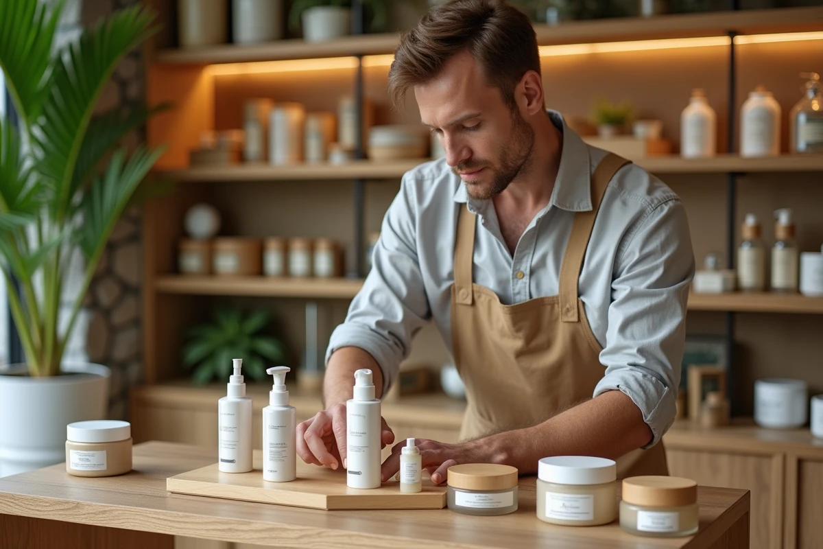 Homme en tablier arrangeant produits de soin bio en boutique