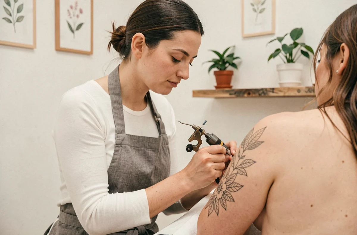 Tatoueuse de Spirit Tattoo réalisant un tatouage botanique fin sur l'épaule d'une cliente dans un studio minimaliste