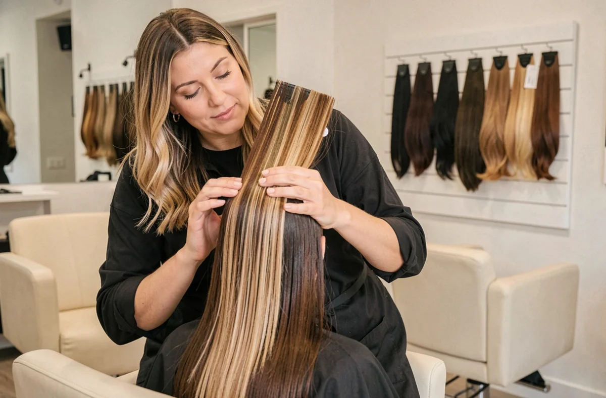 Styliste appliquant une technique ombré hair sur les cheveux longs d'une cliente au Studio Stéphanie D à Marseille