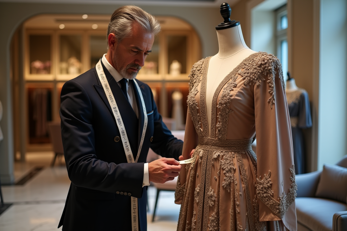 Tailleur ajustant une robe de couture dans un showroom sophistiqué