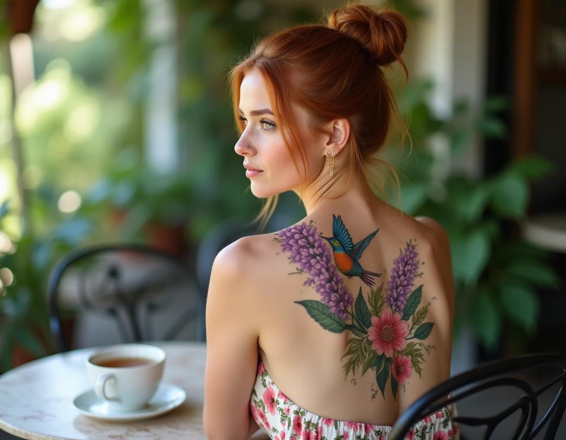 Femme de dos montrant un tatouage aquarelle floral glycine et colibris dans le dos dans un café jardin