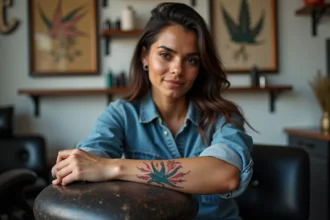 Jeune femme montrant son tatouage hirondelle old school revisité sur l'avant-bras dans un studio de tatouage moderne