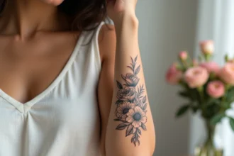 Femme montrant un tatouage floral botanique sur l'avant-bras avec roses et pivoines en fine linework noire