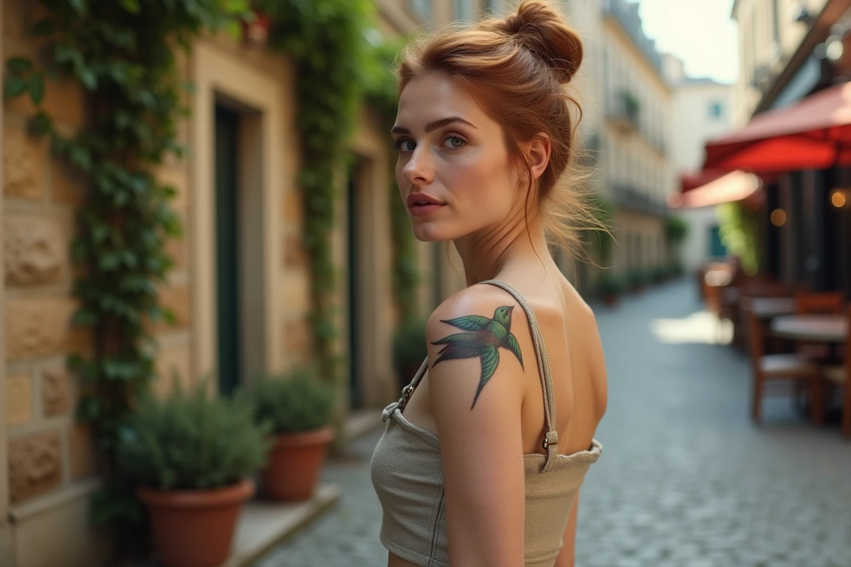 Femme de dos dans une cour pavée parisienne dévoilant un tatouage hirondelle old school revisité sur l'omoplate