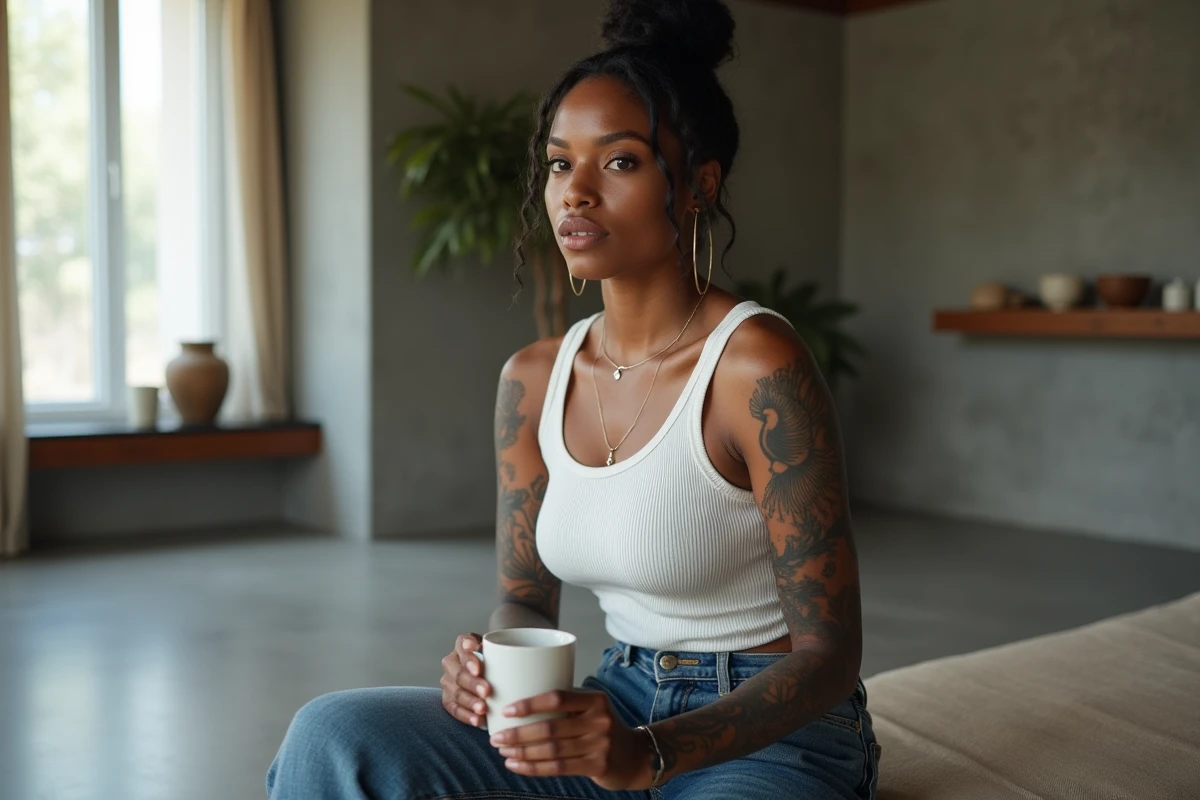 Femme tatouée assise dans un appartement minimaliste avec un grand tatouage hirondelle old school modernisé sur le bras