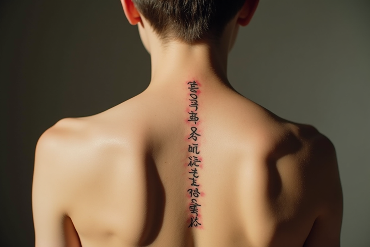 Jeune personne vue de dos avec tatouage élégant sur la colonne vertébrale