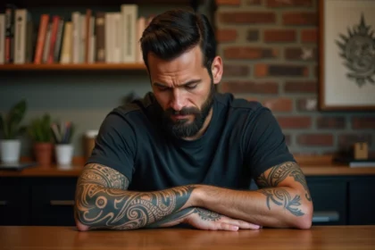 Homme polynésien aux tatouages tribaux maori sur le bras dans un studio de tatouage artisanal