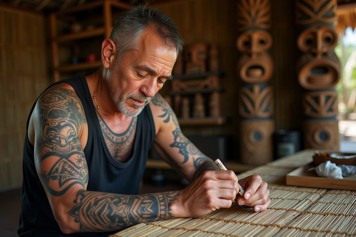 Artiste tatoueur marquisien démontrant la technique ancestrale du tatouage tribal par percussion dans un centre culturel polynésien