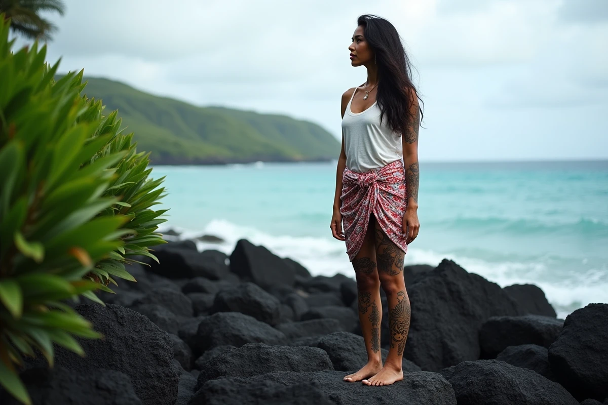 Femme samoane avec tatouage tribal traditionnel pe'a debout sur roche volcanique au bord de l'océan