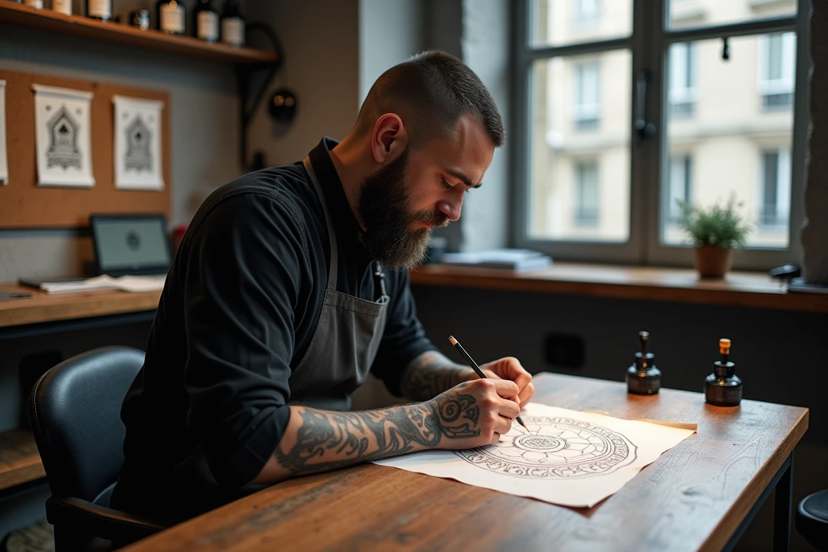 Tatoueur dessinant un symbole bouddhiste Unalome sur papier calque dans un studio de tatouage moderne