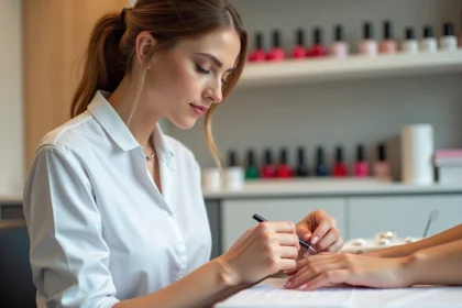 Technicienne en manicure dans un salon moderne et lumineux